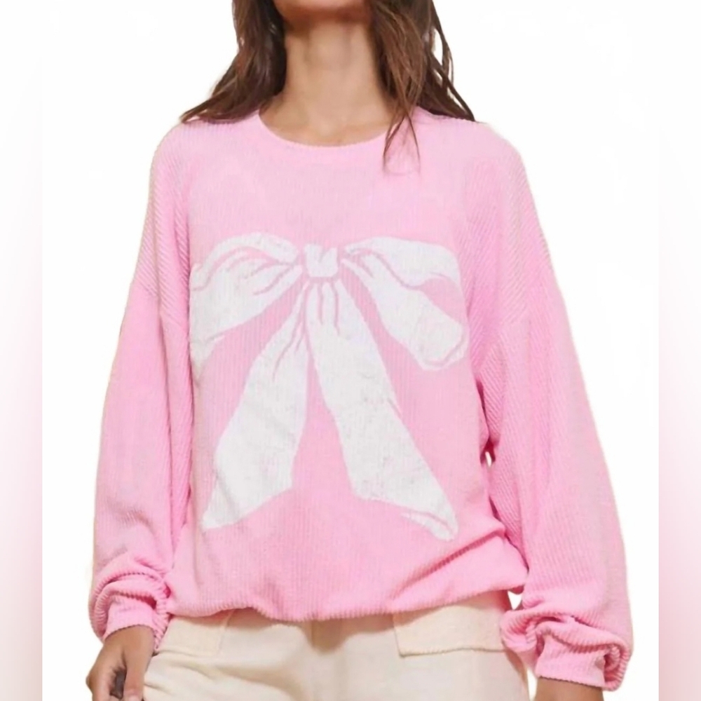 BUCKET LIST Oversized Ribbed Bow Graphic Sweatshirt In Pink - Picture 1 of 5
